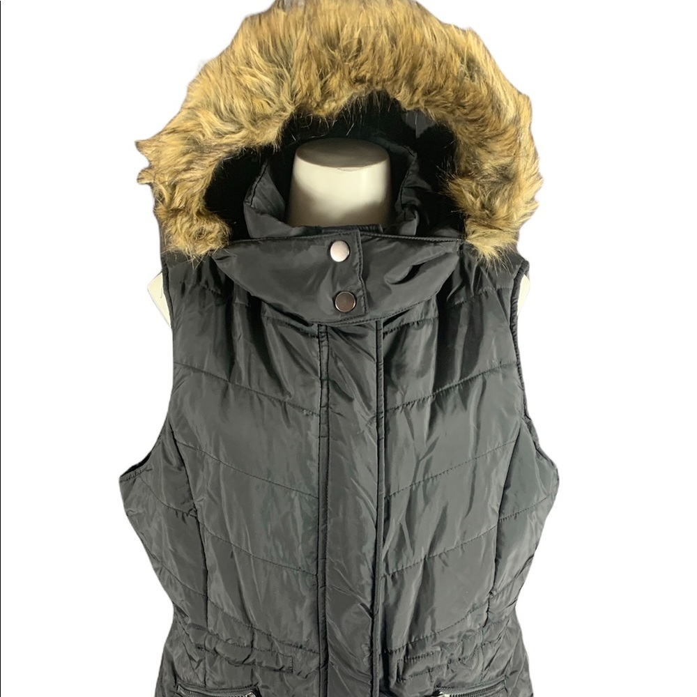 Black Puffer Vest Faux Fur Hood Trim sz XL